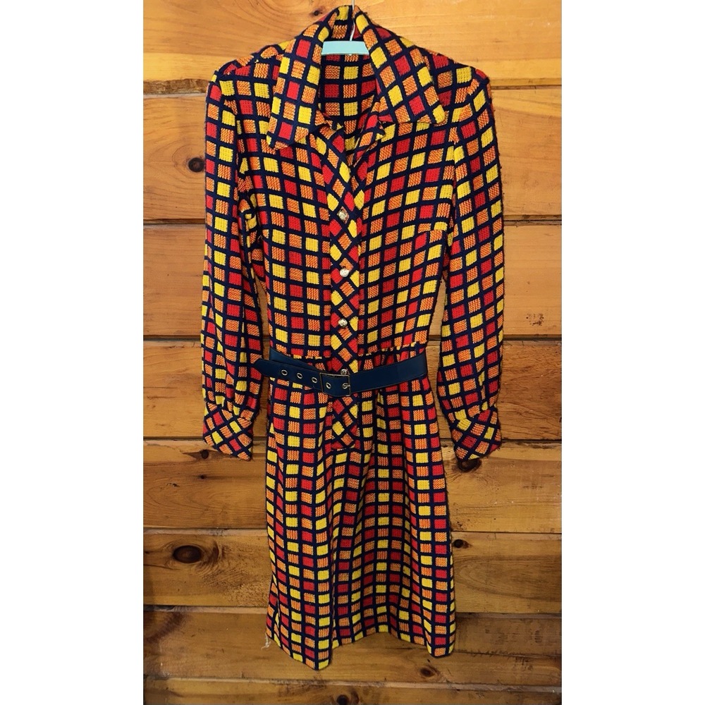 Vtg Plaid Wool? Knit Dress 70s Retro Yellow Red Orange Navy Groovy
